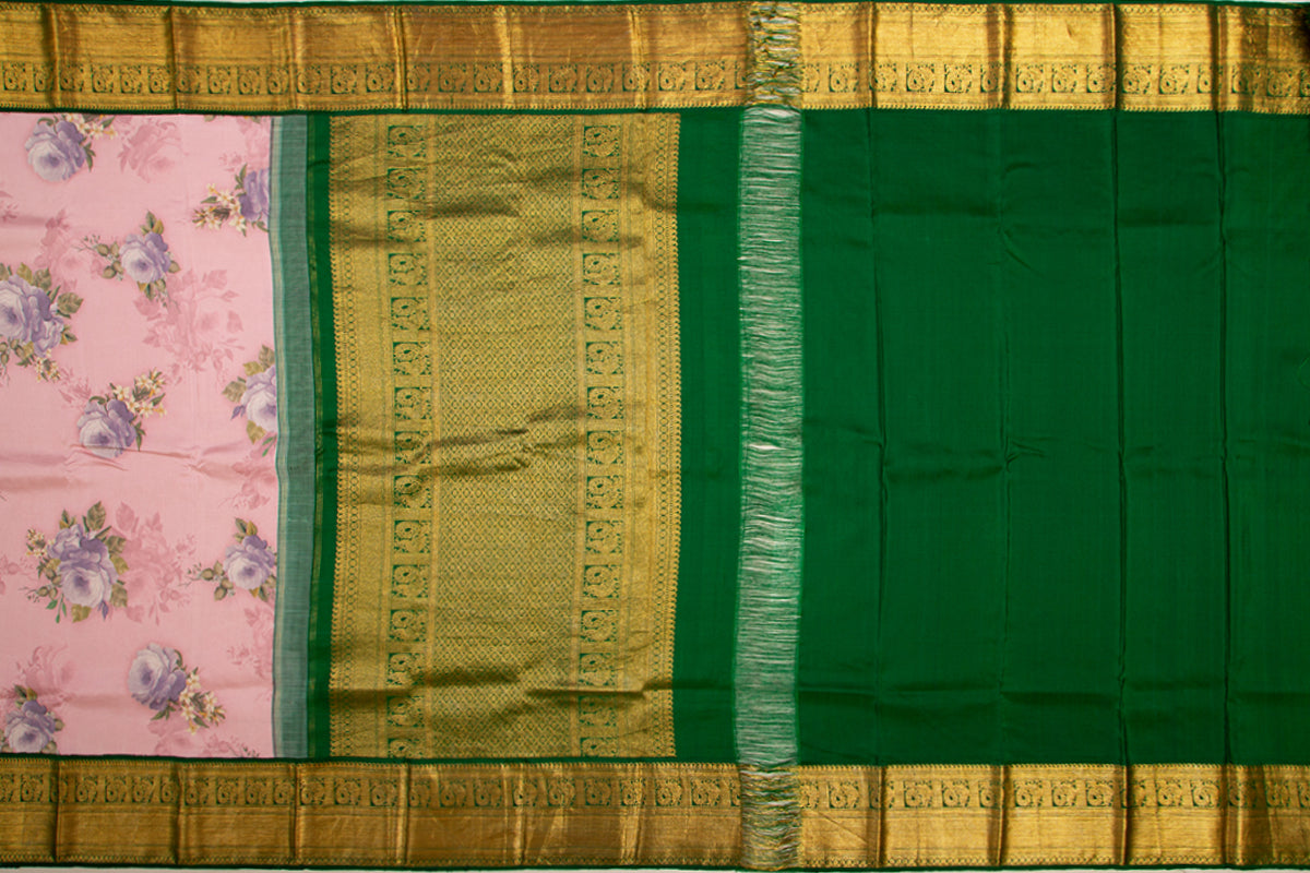 Kanchipuram Silk Floral Printed Pastel Pink Saree