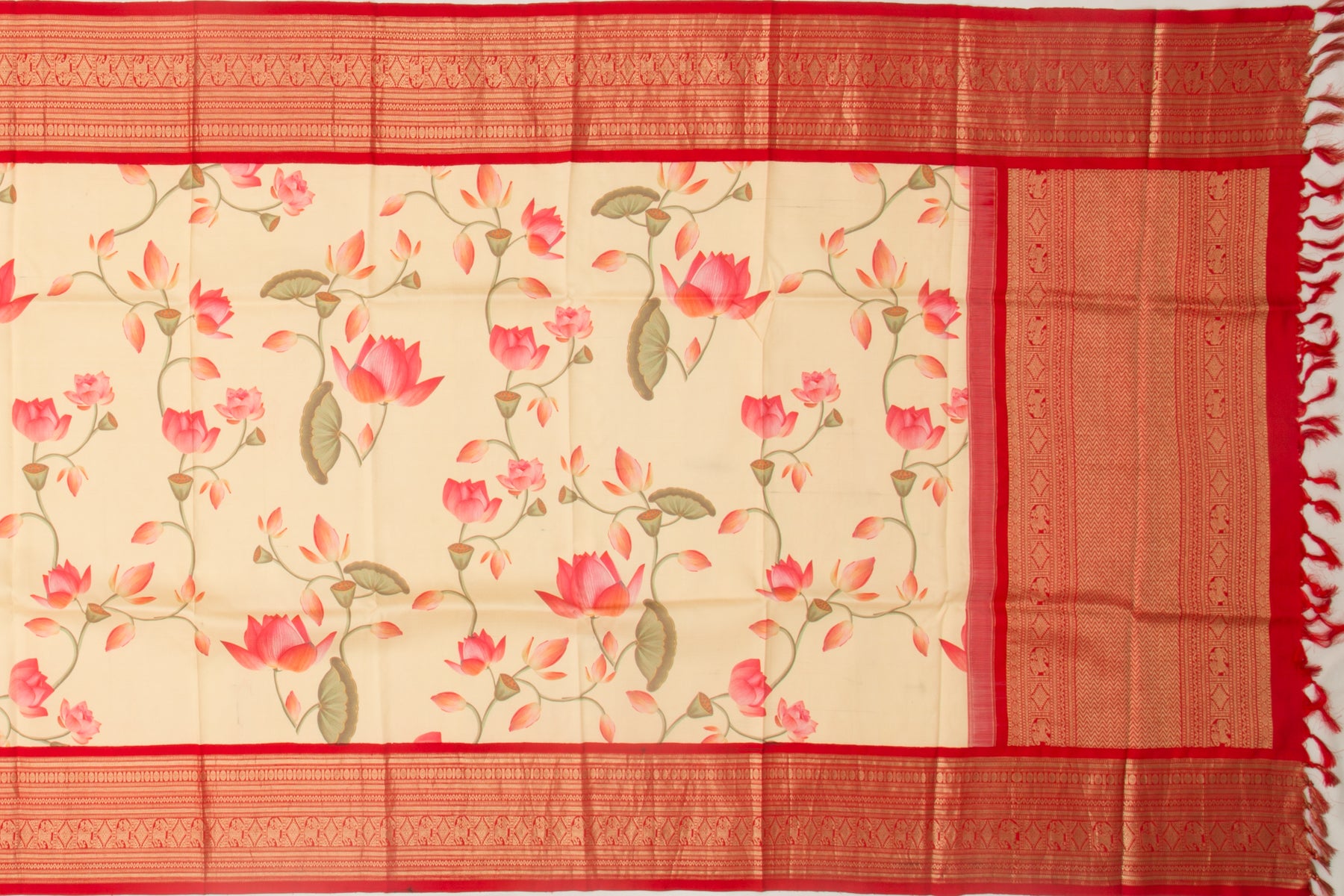 Kanchipuram Silk Floral Printed Cream Dupatta