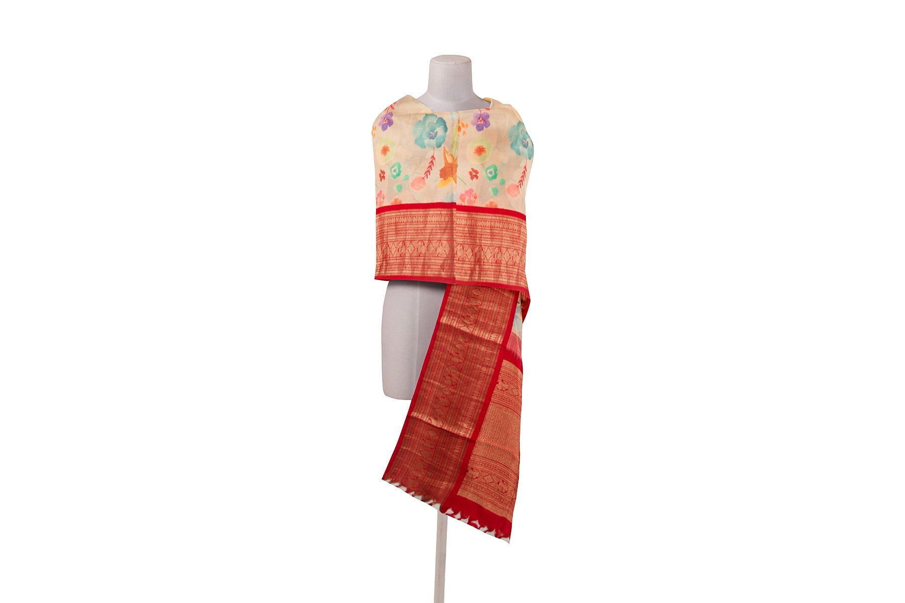 Kanchipuram Silk Floral Printed Cream Dupatta