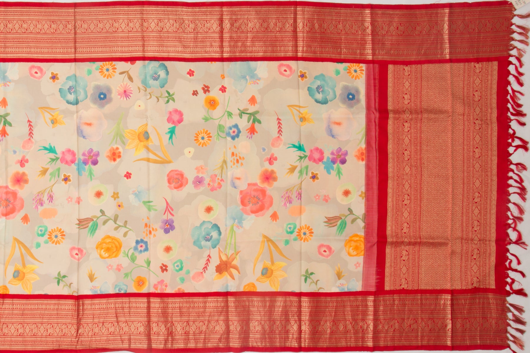 Kanchipuram Silk Floral Printed Cream Dupatta