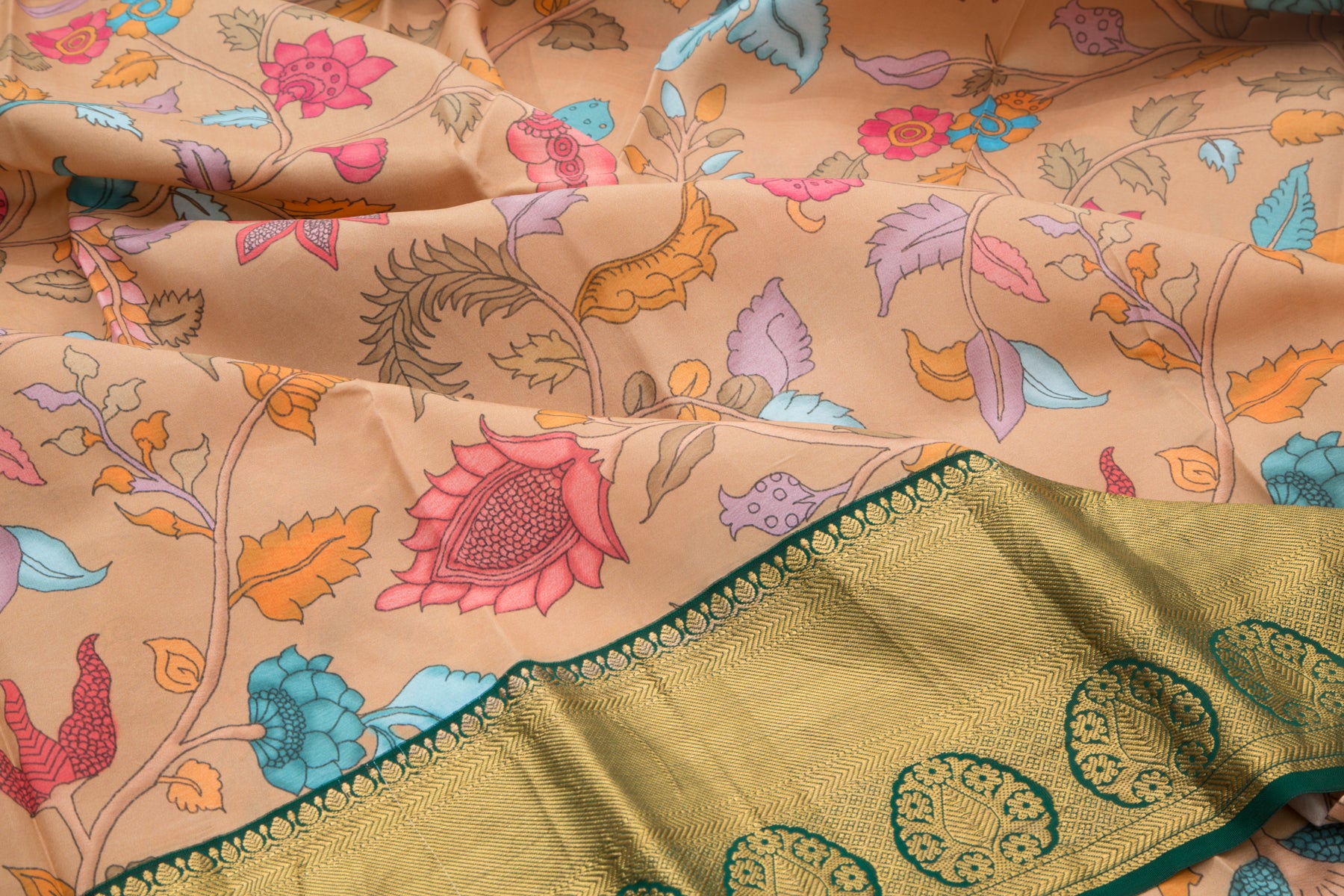 Kanchipuram Silk Floral Printed Pastel Brown Saree