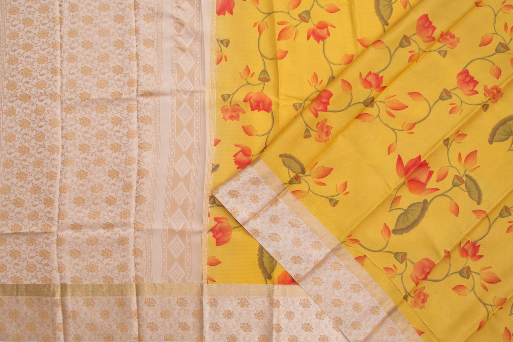 Kanchipuram Silk Jacquard And Floral Printed Yellow Saree