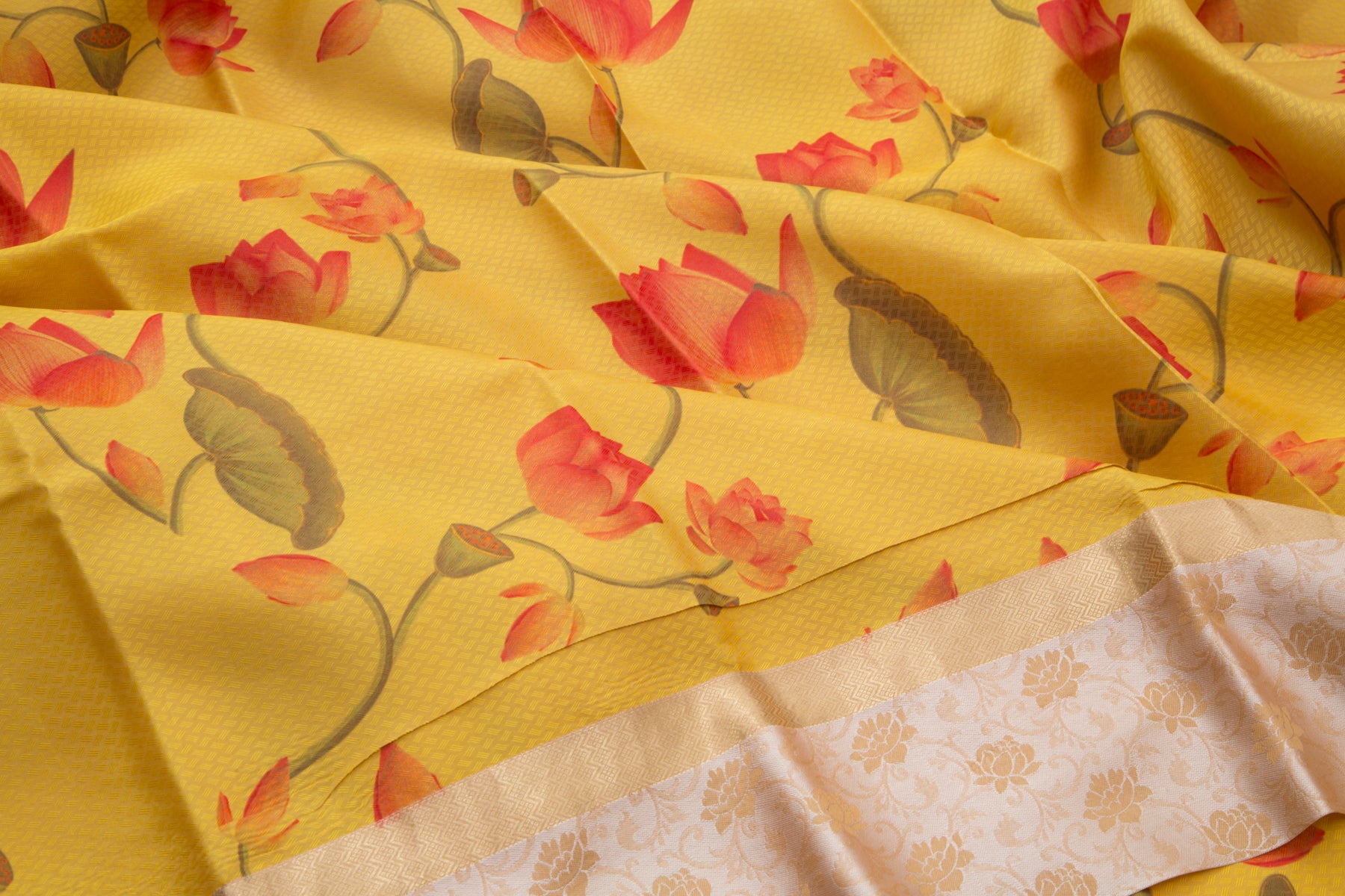 Kanchipuram Silk Jacquard And Floral Printed Yellow Saree