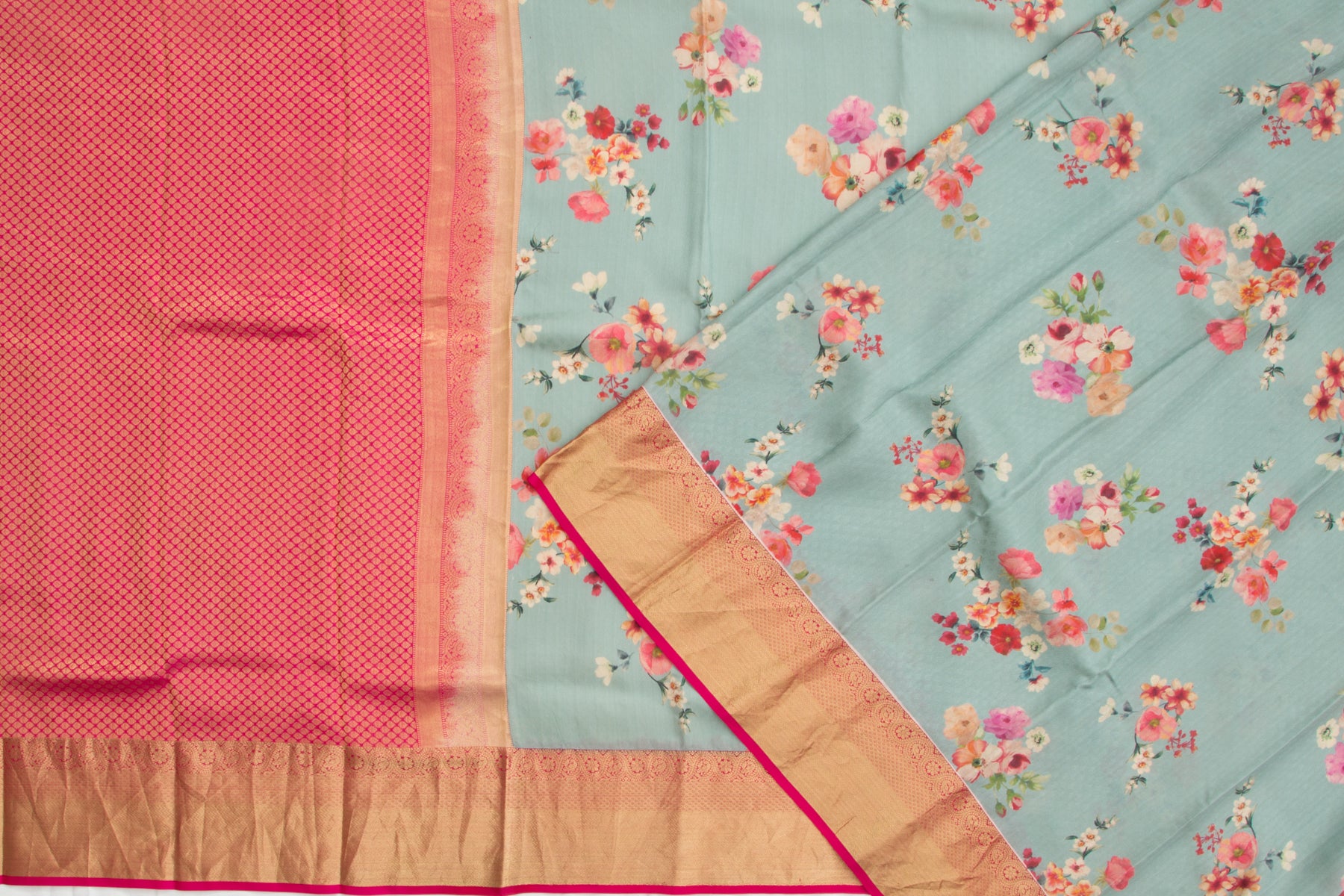 Kanchipuram Silk Jacquard And Floral Printed Bluish Grey Saree