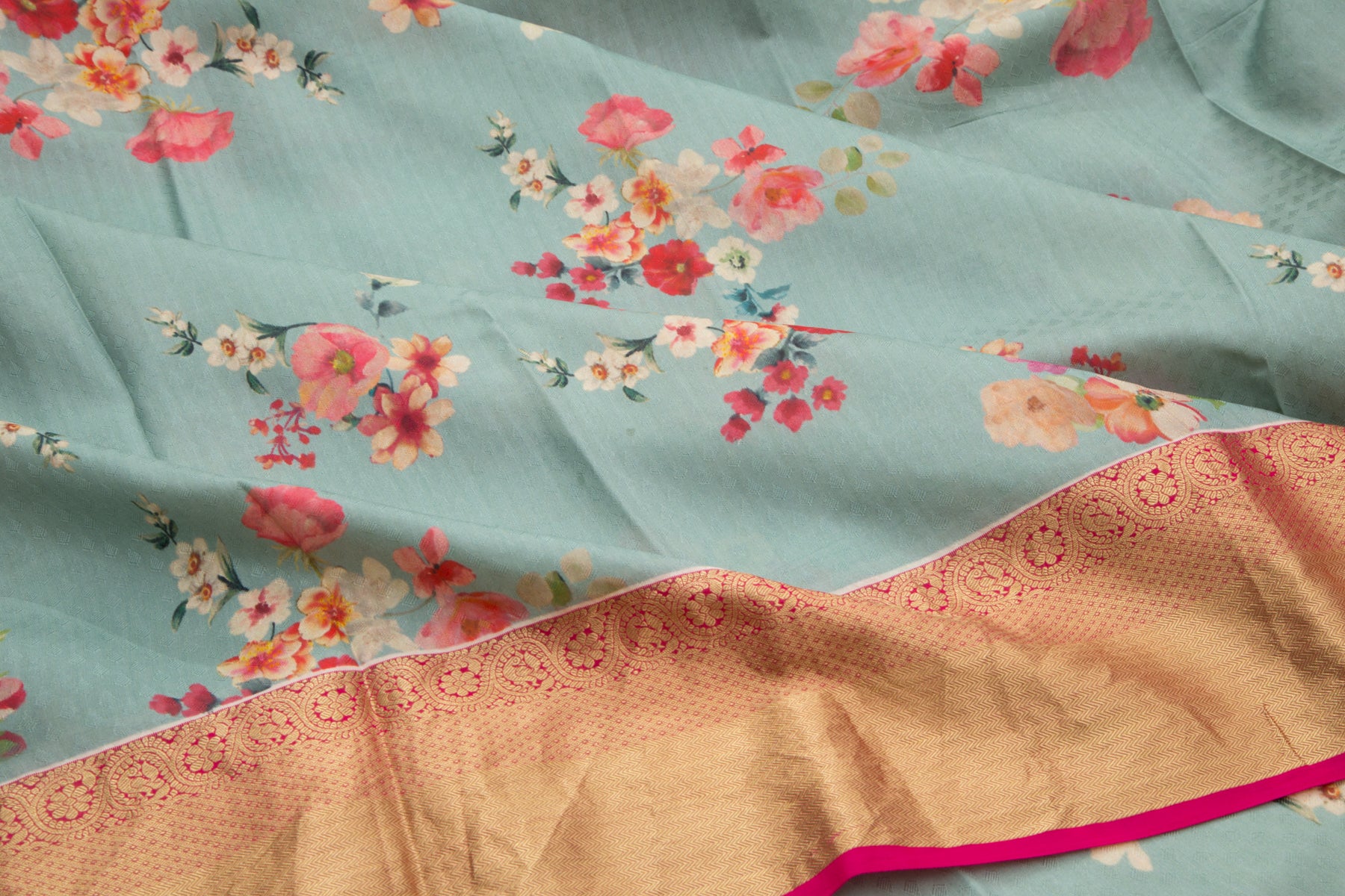 Kanchipuram Silk Jacquard And Floral Printed Bluish Grey Saree
