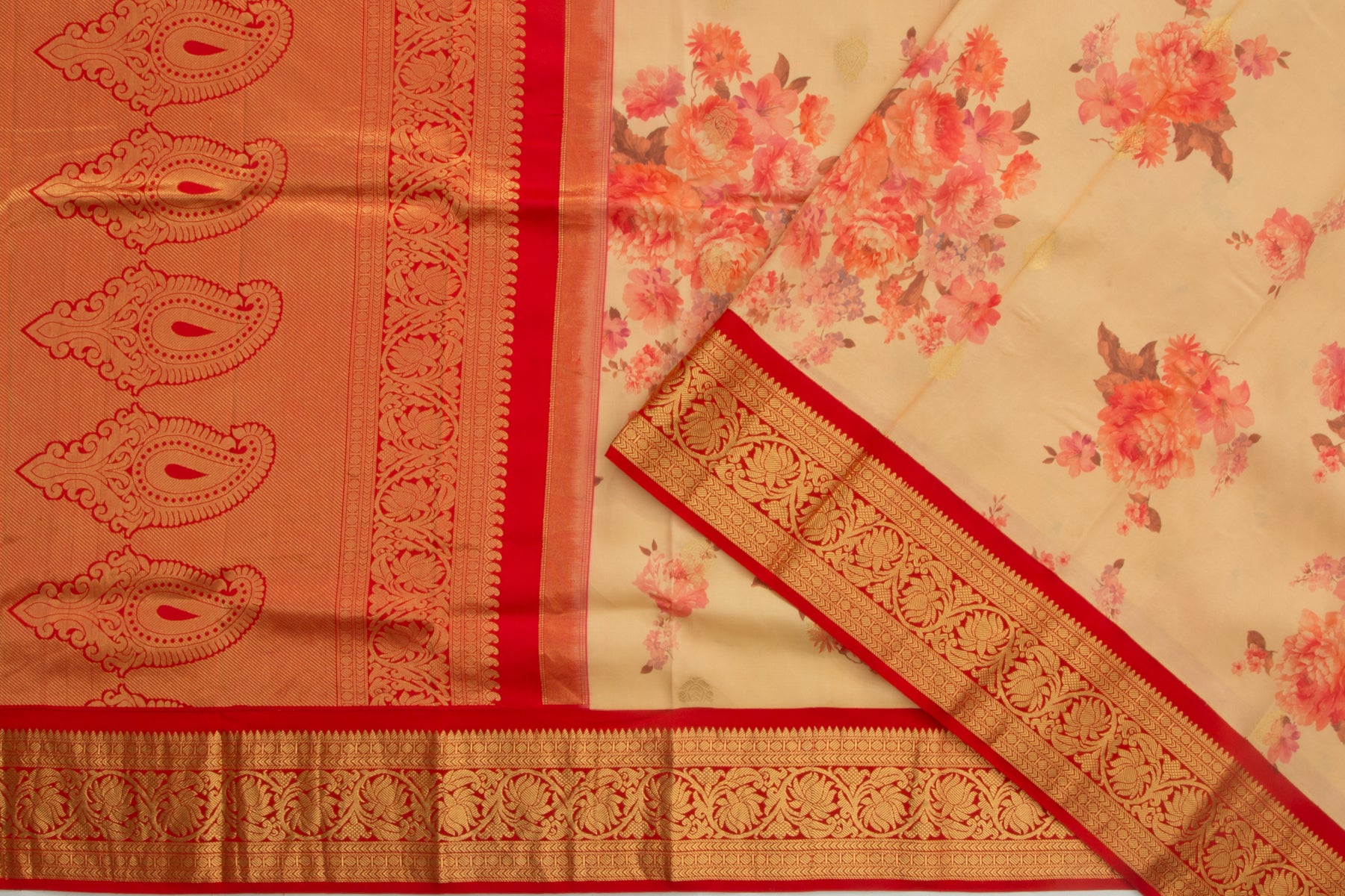 Kanchipuram Silk Floral Printed Cream Saree