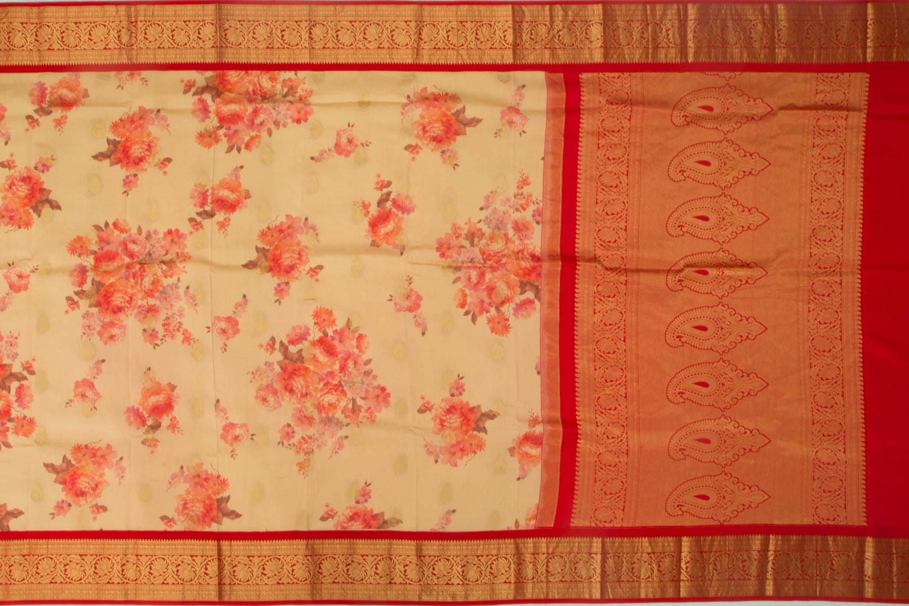 Kanchipuram Silk Floral Printed Cream Saree