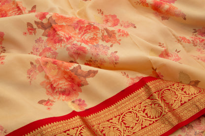 Kanchipuram Silk Floral Printed Cream Saree