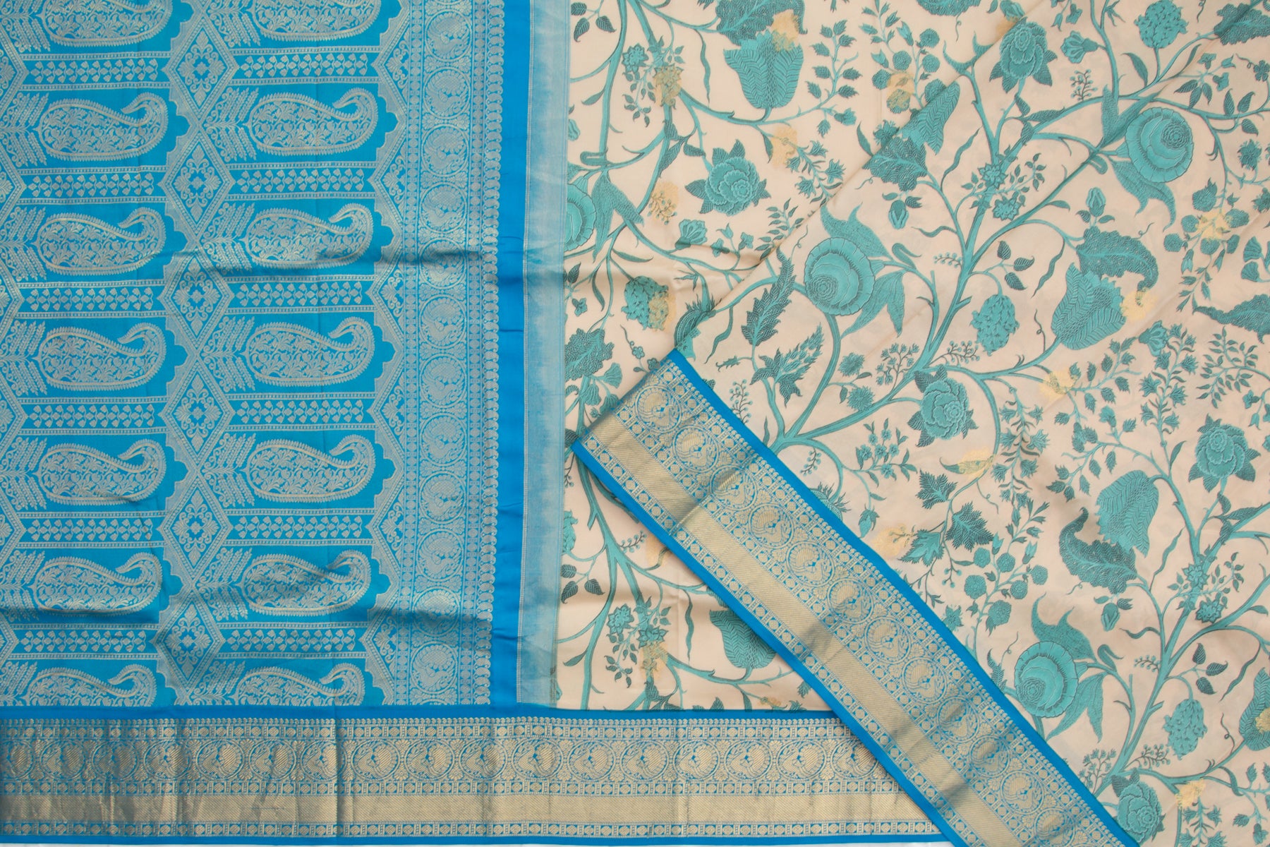 Kanchipuram Silk Floral Printed Cream Saree