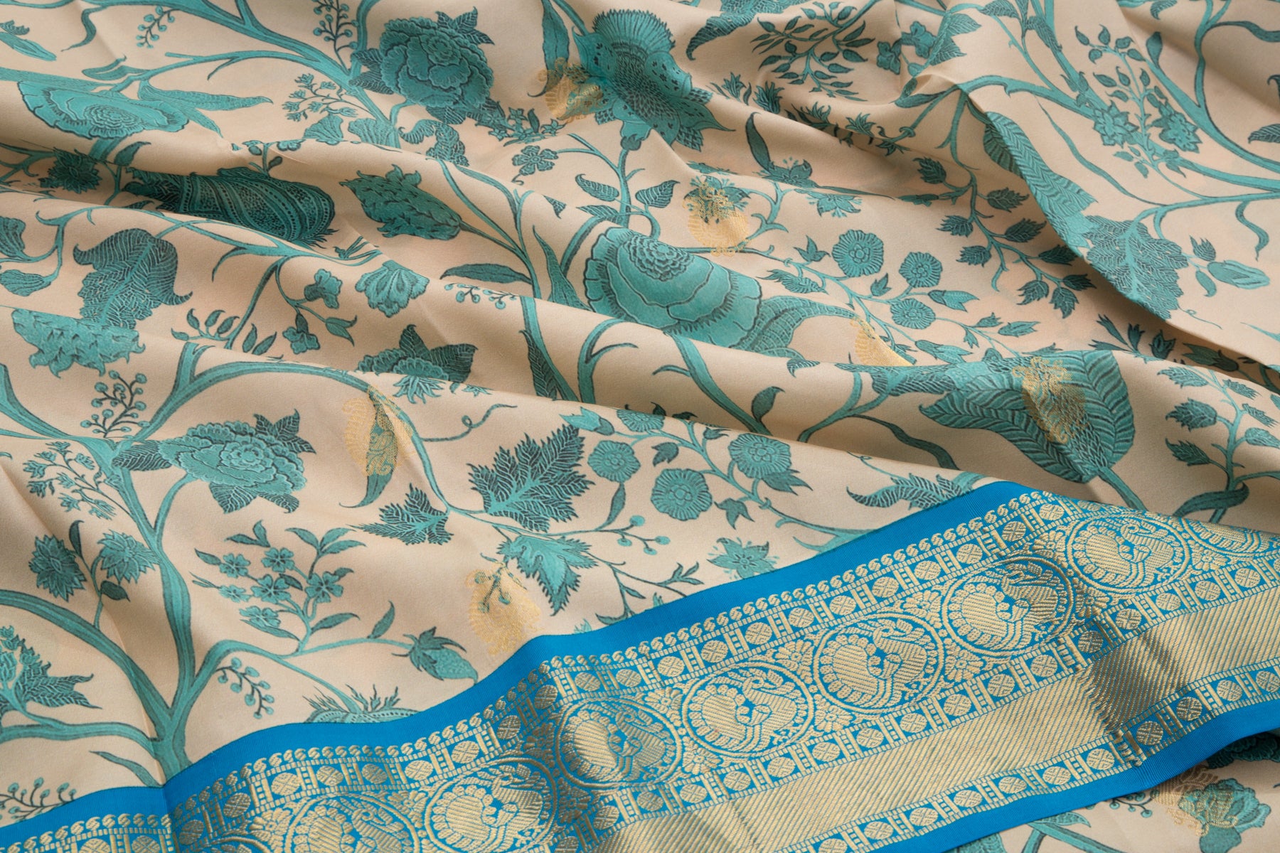 Kanchipuram Silk Floral Printed Cream Saree