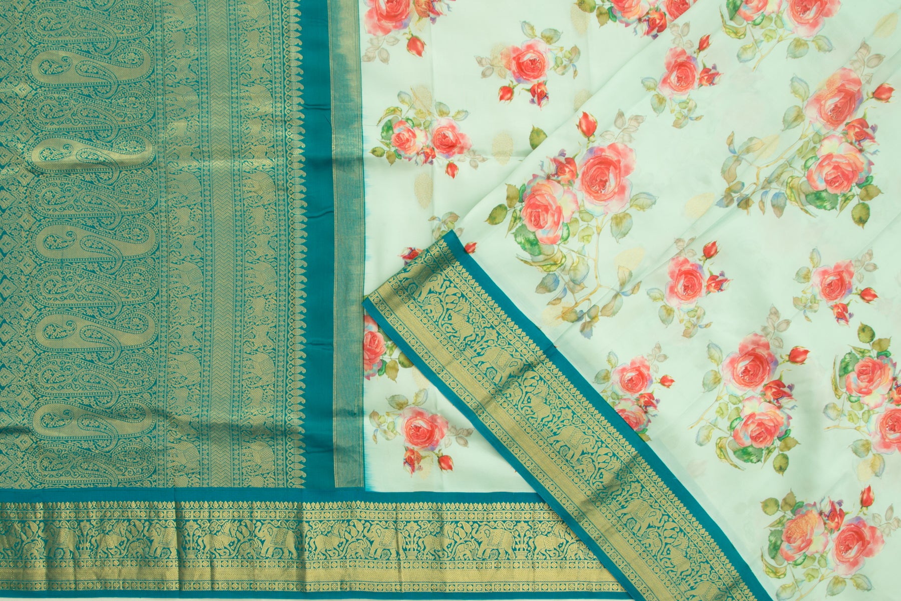 Kanchipuram Silk Floral Printed Pastel Blue Saree