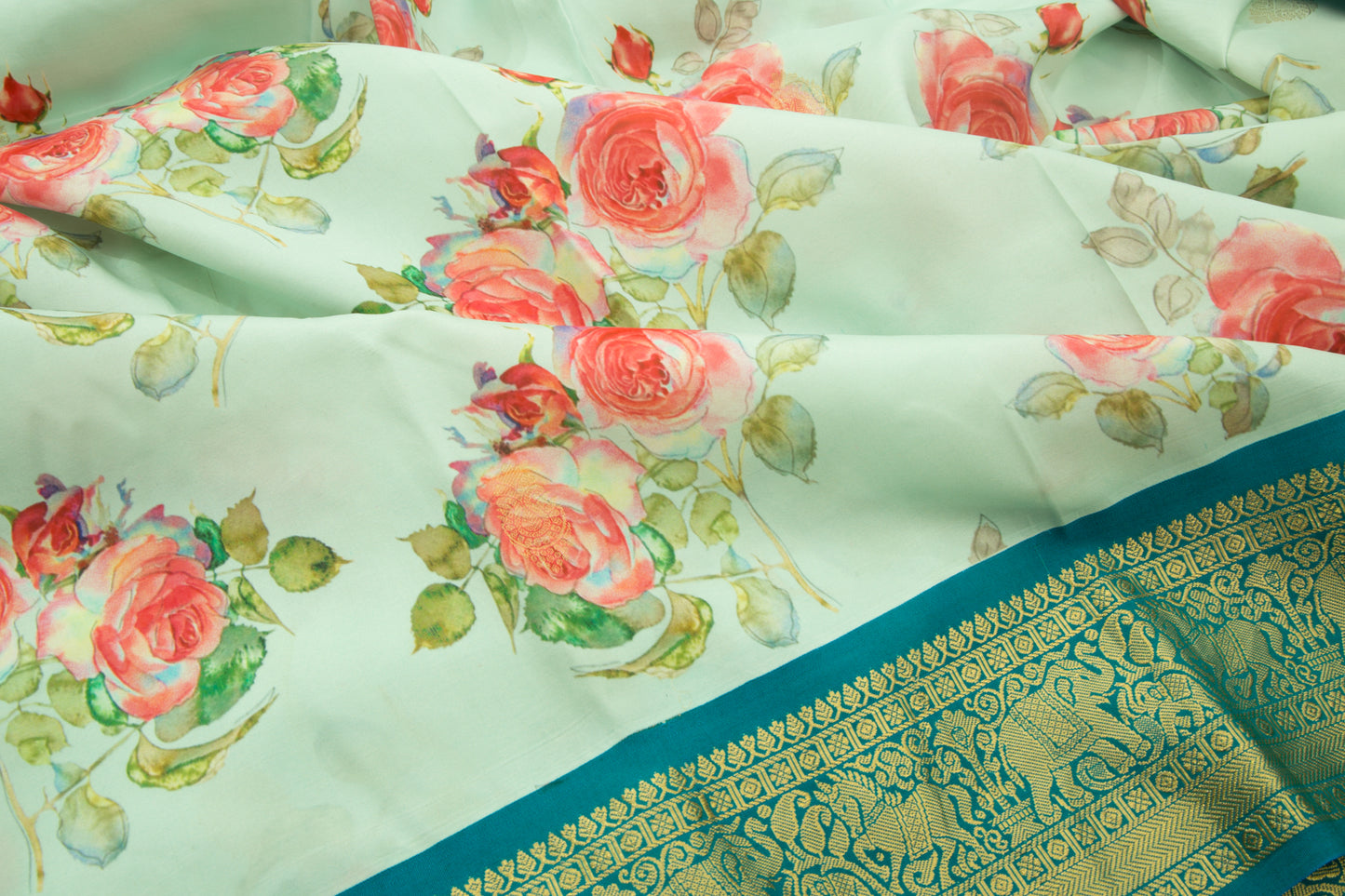 Kanchipuram Silk Floral Printed Pastel Blue Saree