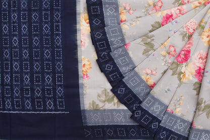 Pochampally Silk Ikat Floral Printed Grey Saree/5048764_2.jpg