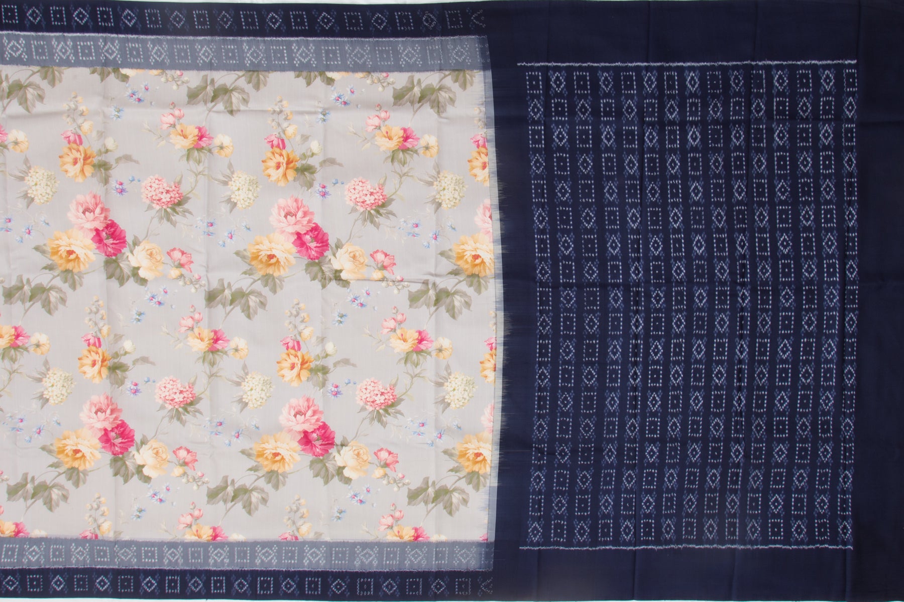Pochampally Silk Ikat Floral Printed Grey Saree