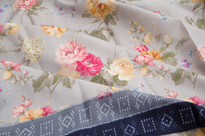 Pochampally Silk Ikat Floral Printed Grey Saree