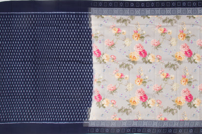 Pochampally Silk Ikat Floral Printed Grey Saree