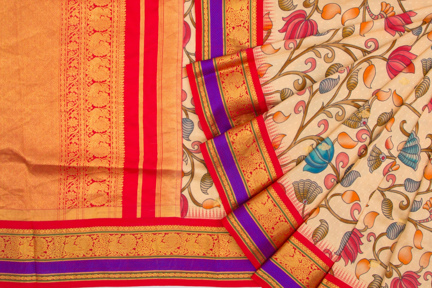 Kanchipuram Silk Jacquard And Floral Printed Cream Saree