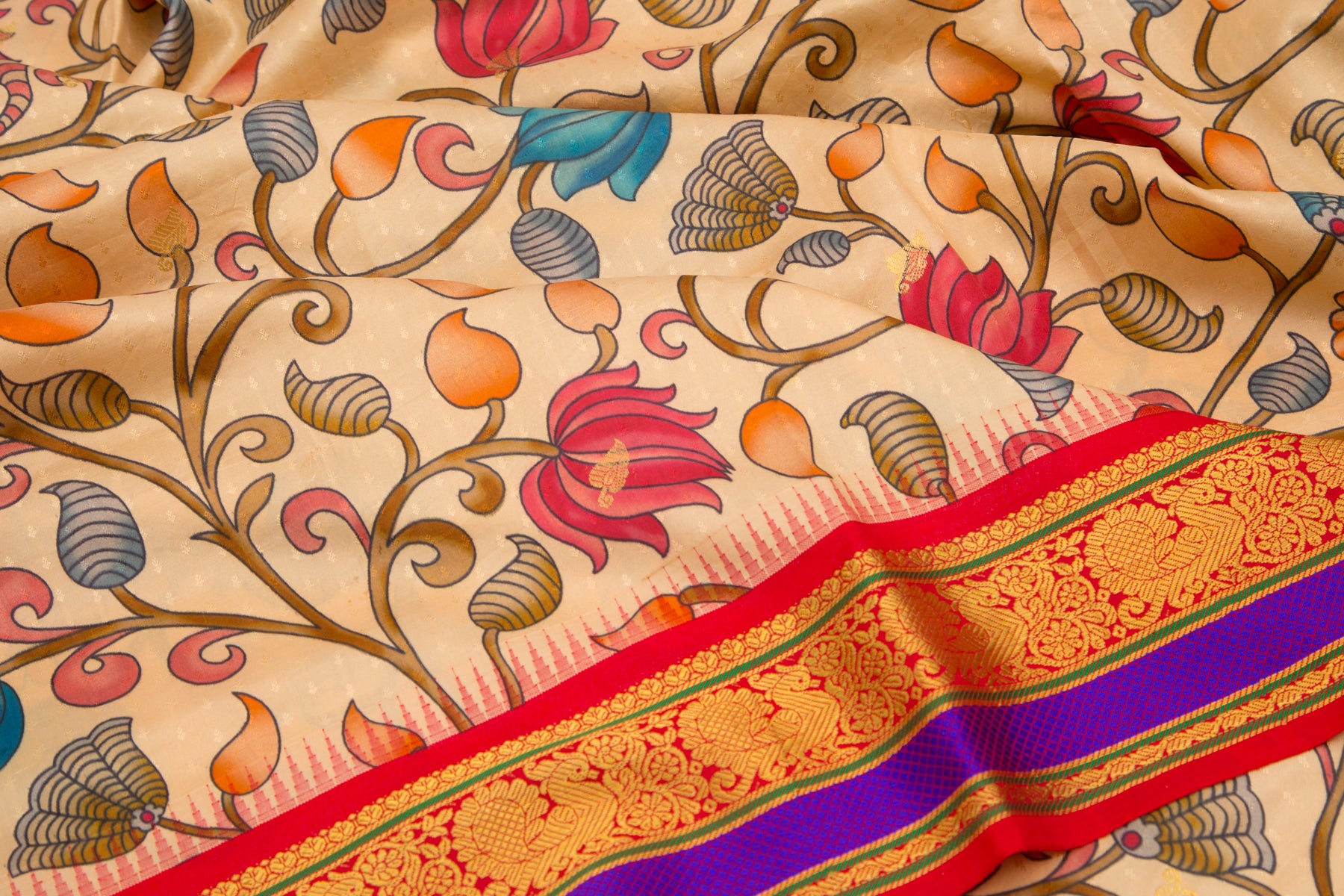 Kanchipuram Silk Jacquard And Floral Printed Cream Saree