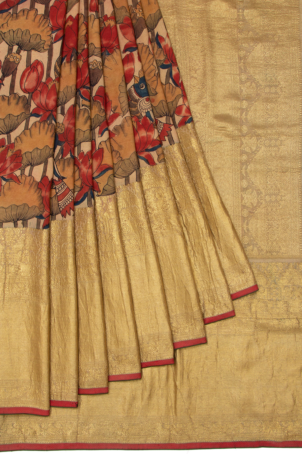 Kanchipuram Silk Kalamkari Beige Gold Saree - Not Allowed Online