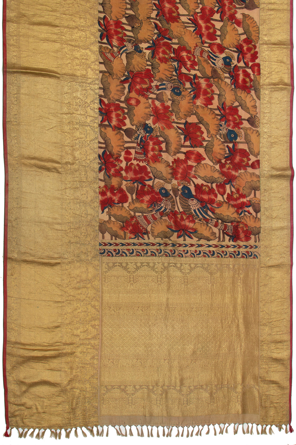 Kanchipuram Silk Kalamkari Beige Gold Saree - Not Allowed Online