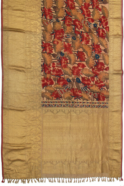 Kanchipuram Silk Kalamkari Beige Gold Saree - Not Allowed Online