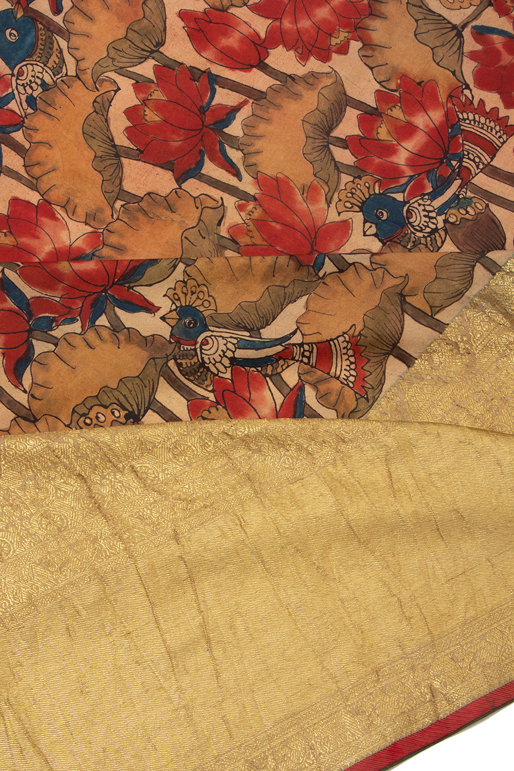 Kanchipuram Silk Kalamkari Beige Gold Saree - Not Allowed Online