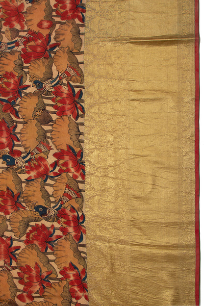 Kanchipuram Silk Kalamkari Beige Gold Saree - Not Allowed Online