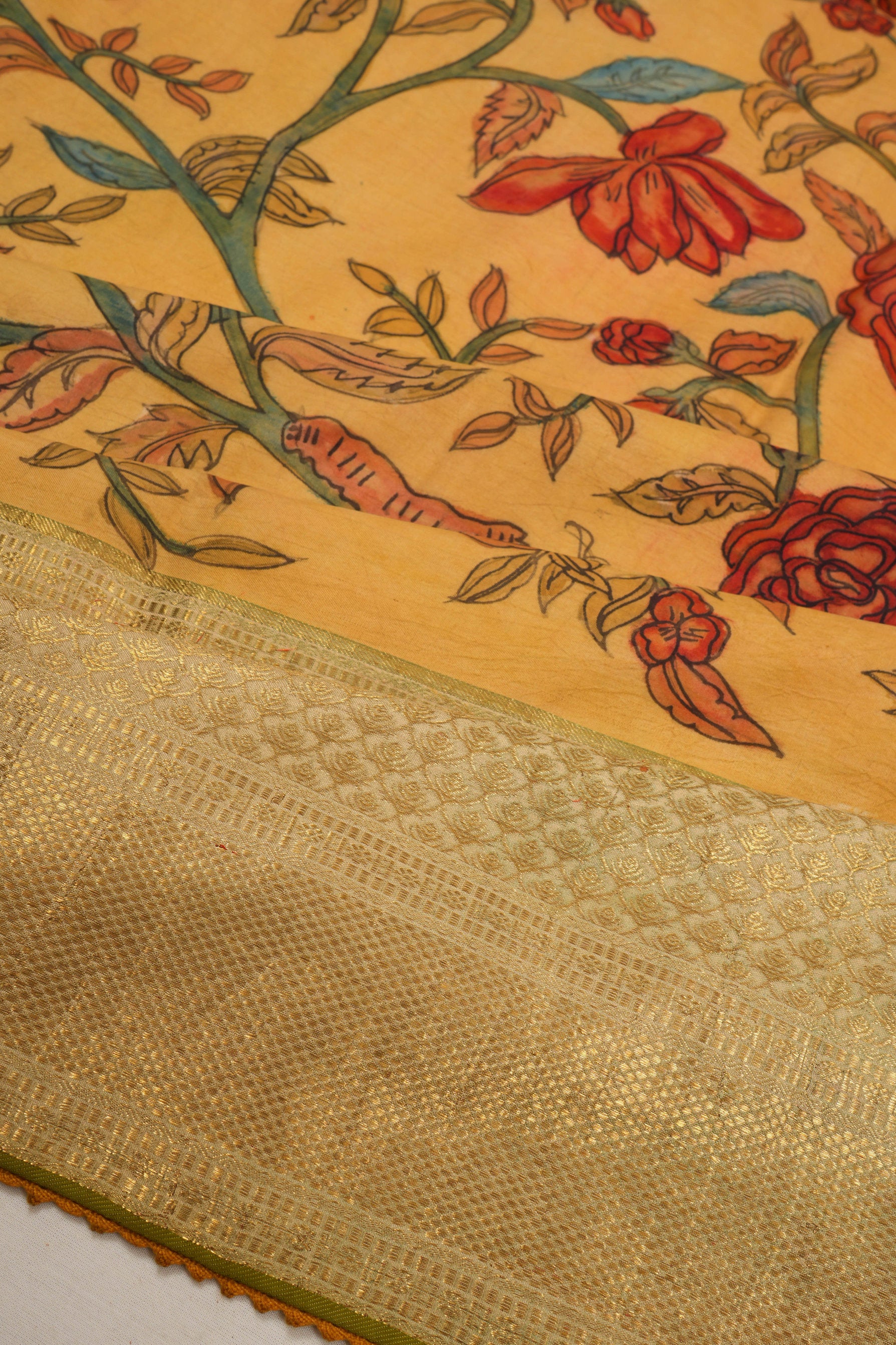 Kanchipuram Silk Kalamkari Hand Painted Yellow Saree
