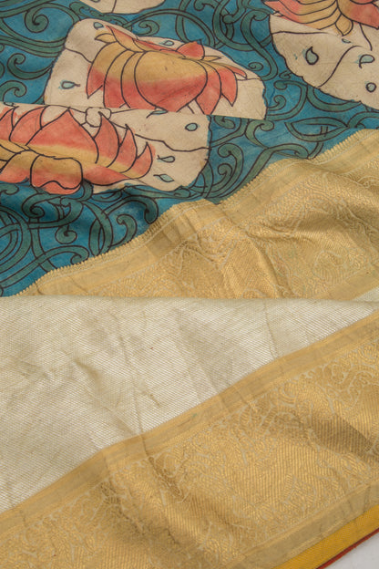 Kanchipuram Silk Kalamkari Blue Saree