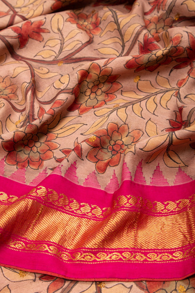 Kanchipuram Silk Kalamkari Peach Saree
