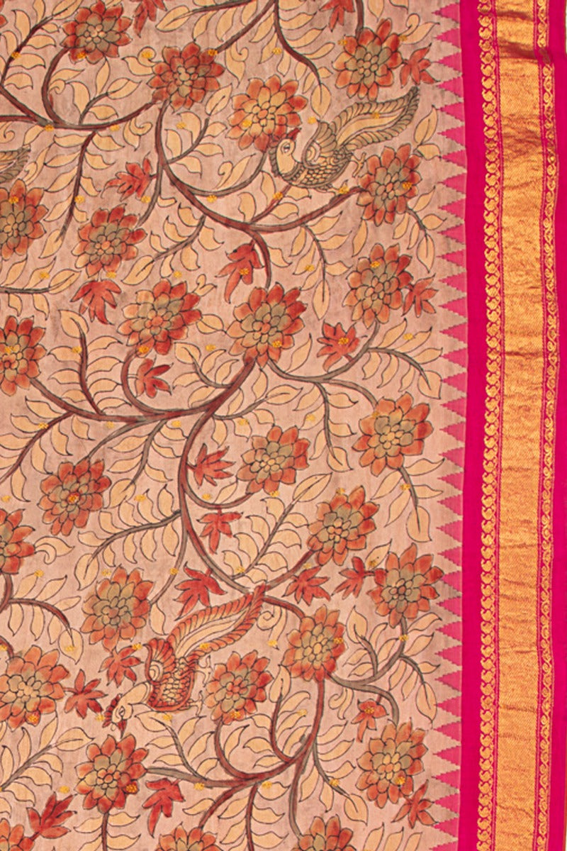Kanchipuram Silk Kalamkari Peach Saree