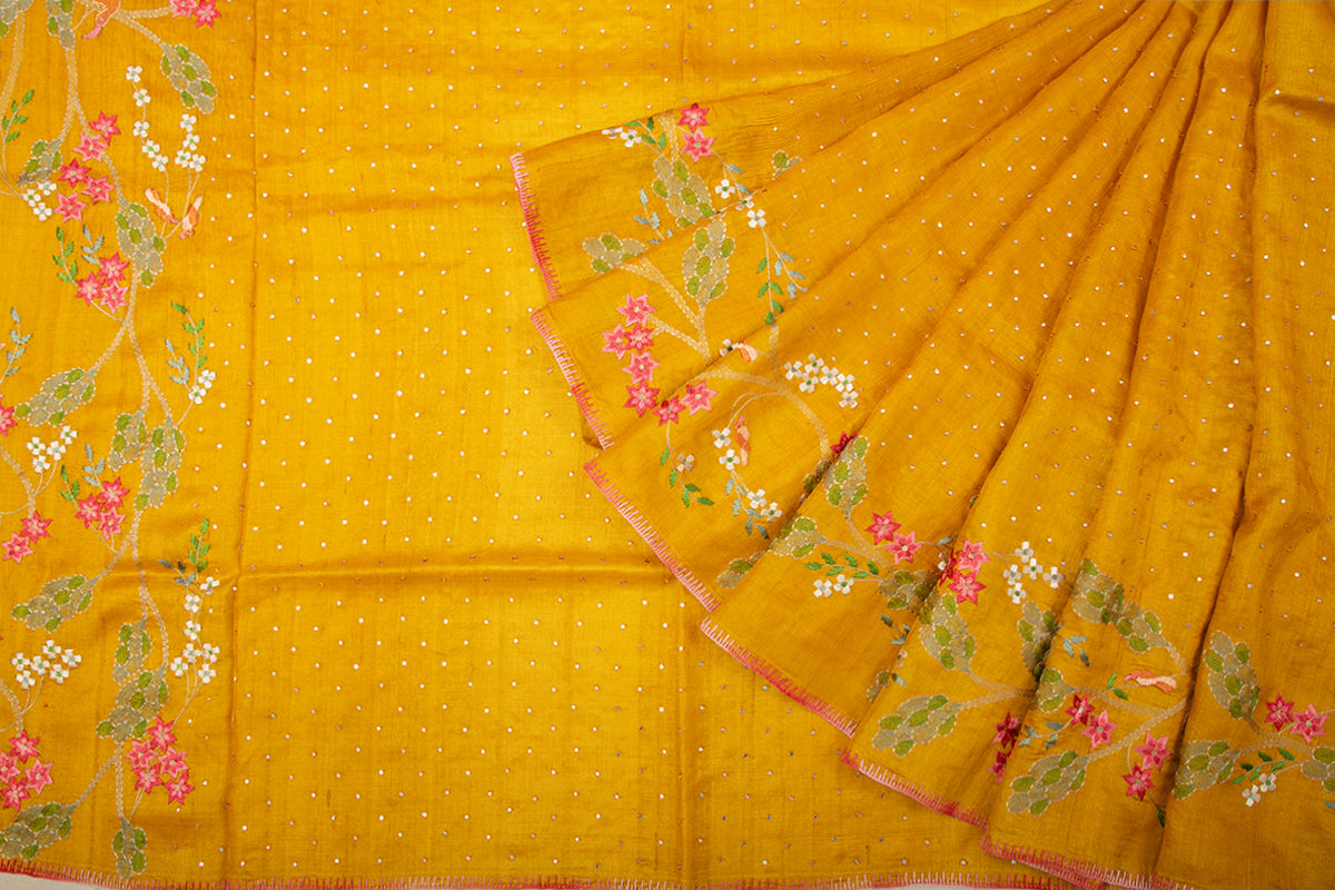 Tussar Embroidery Butta Mustard Yellow Saree