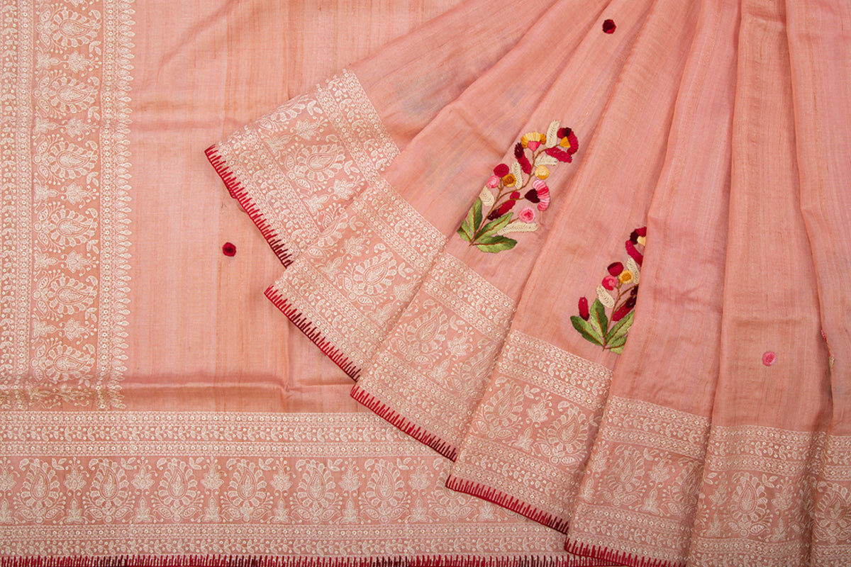 Tussar Embroidery Peach Saree