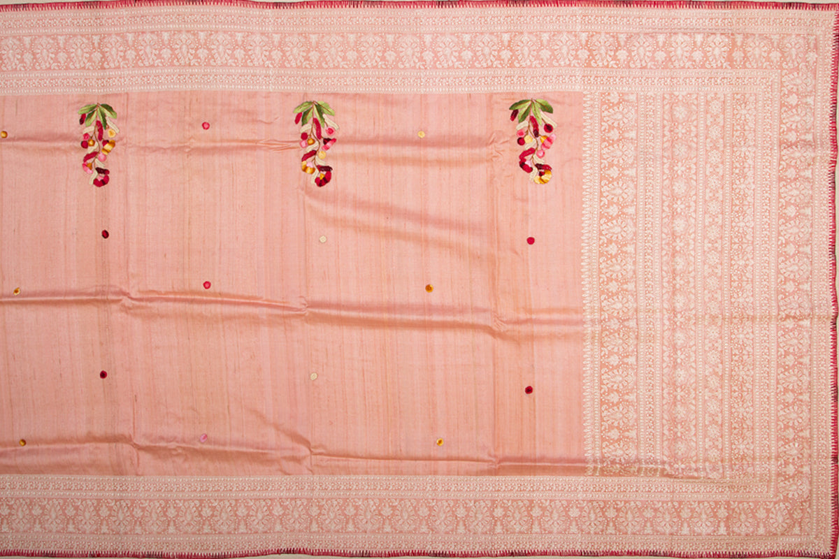 Tussar Embroidery Peach Saree