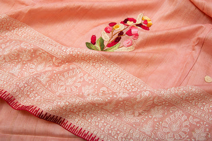 Tussar Embroidery Peach Saree