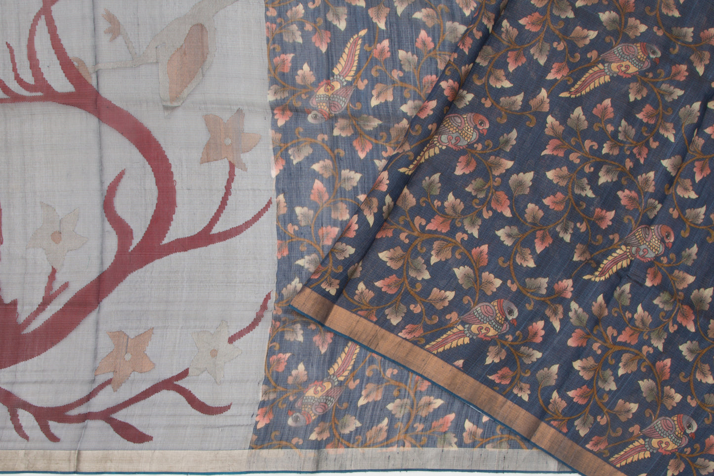 Tussar Floral Printed Dark Blue Saree/5055592_2.jpg