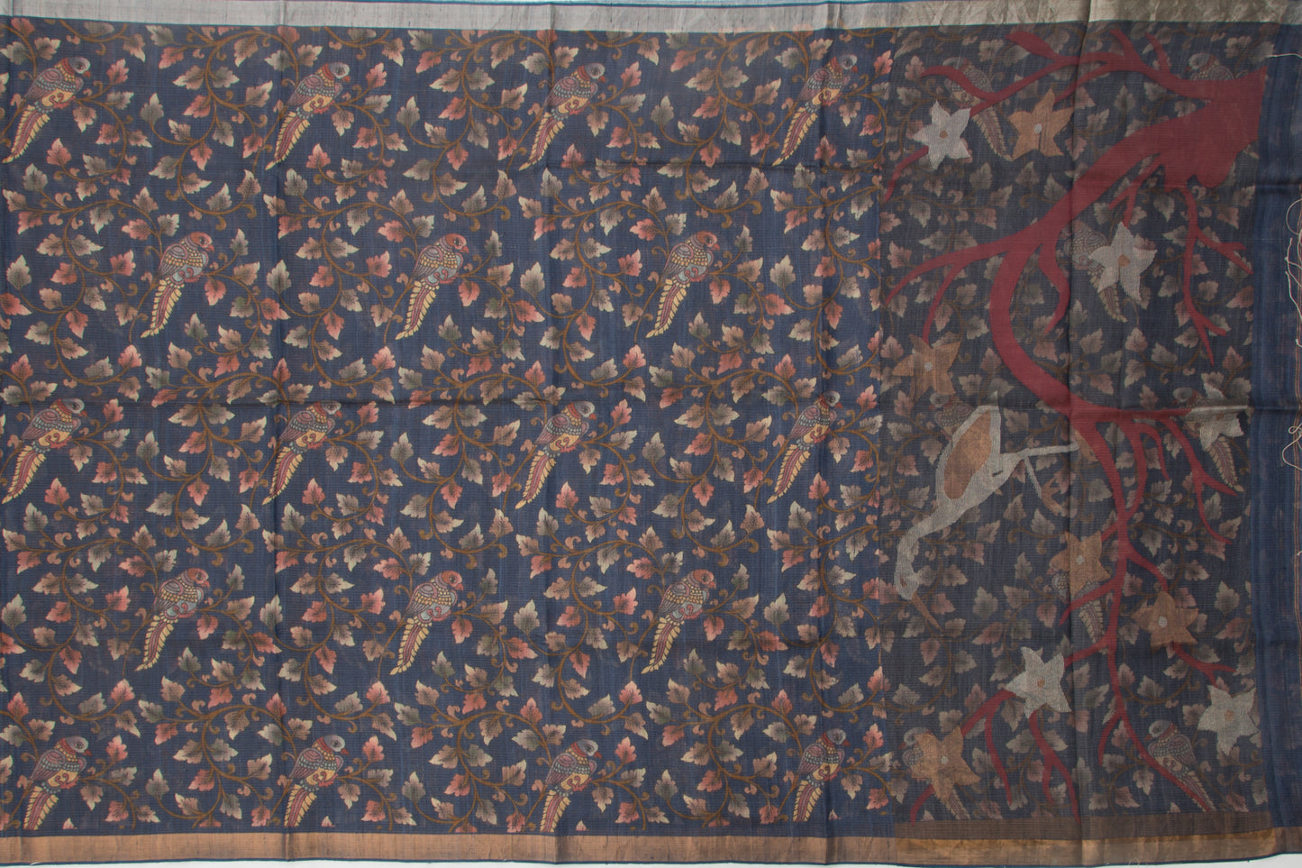 Tussar Floral Printed Dark Blue Saree