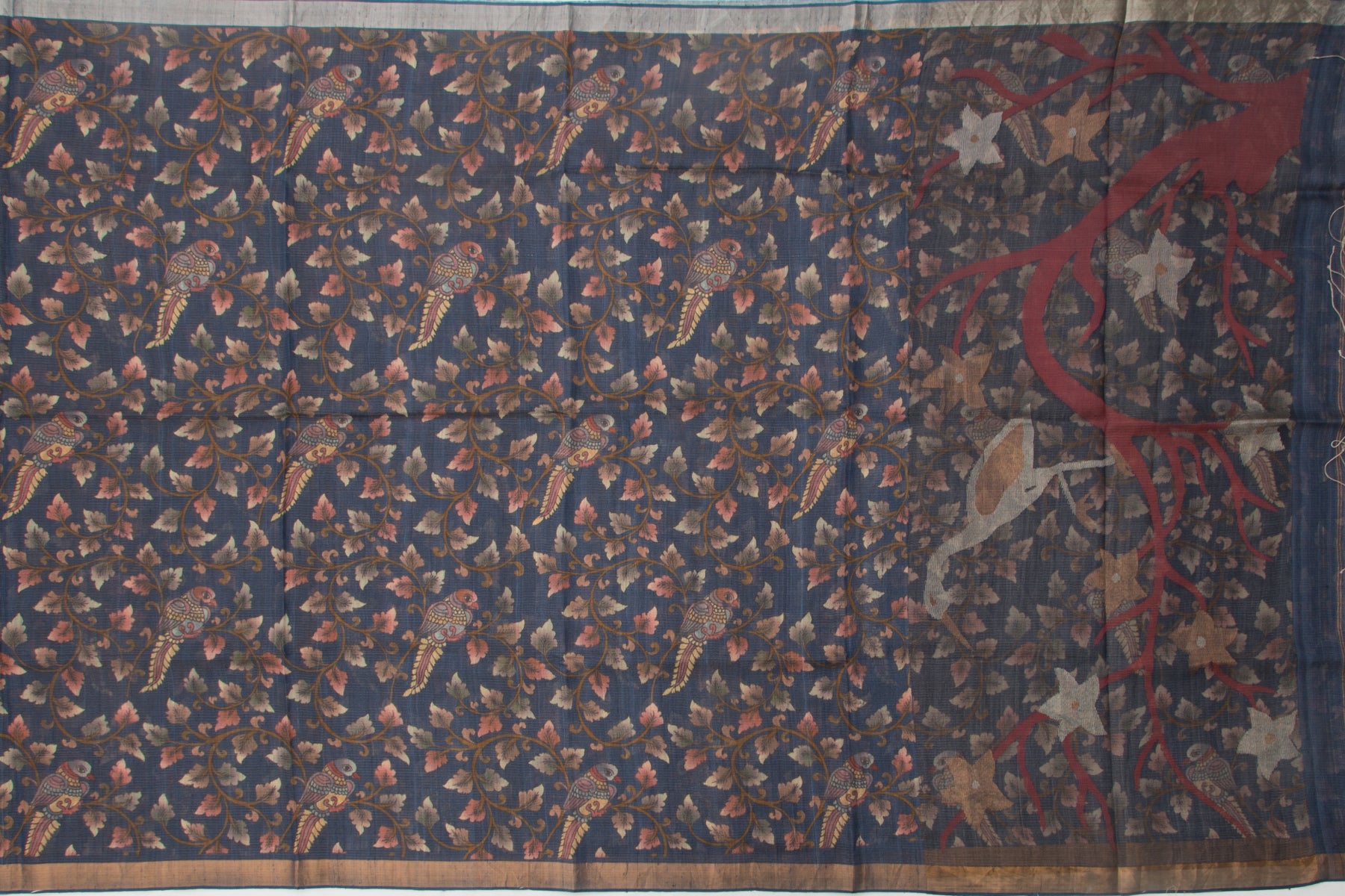 Tussar Floral Printed Dark Blue Saree