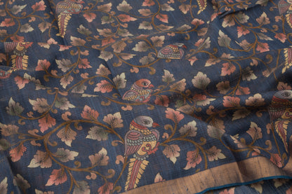 Tussar Floral Printed Dark Blue Saree