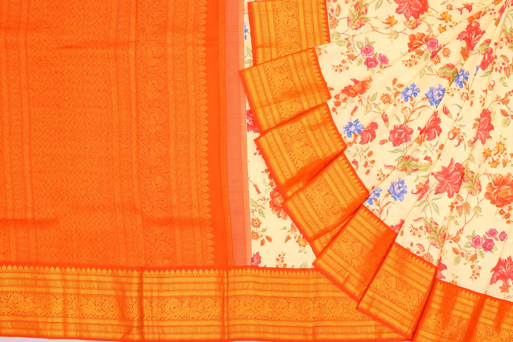 Kanchipuram Silk Floral Printed Cream Saree