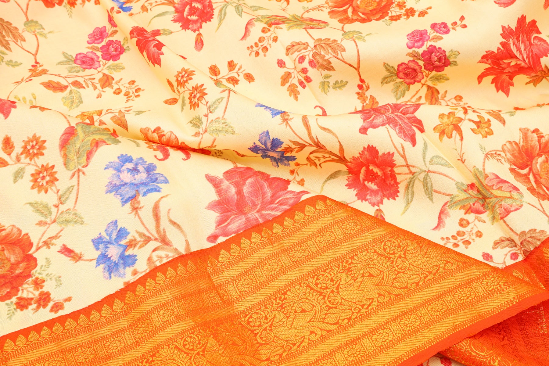 Kanchipuram Silk Floral Printed Cream Saree