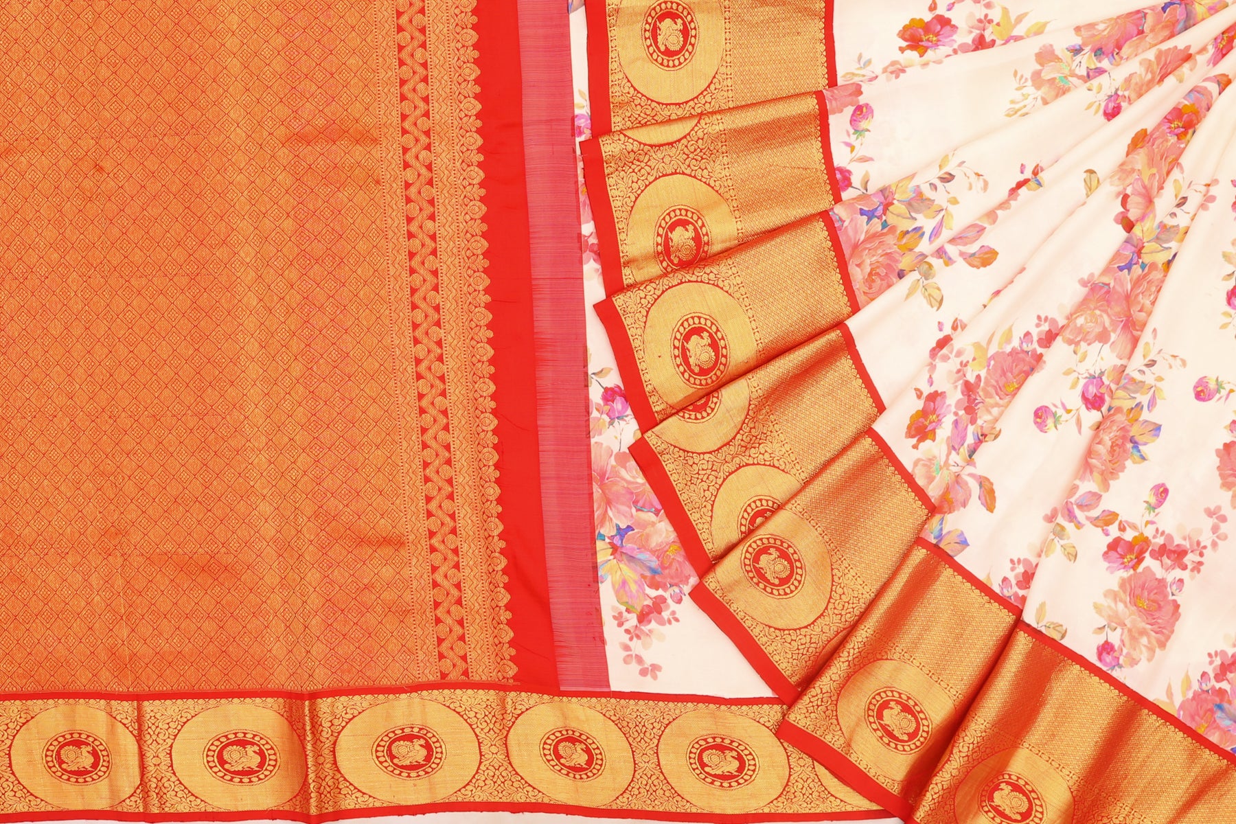 Kanchipuram Silk Floral Printed Cream Saree