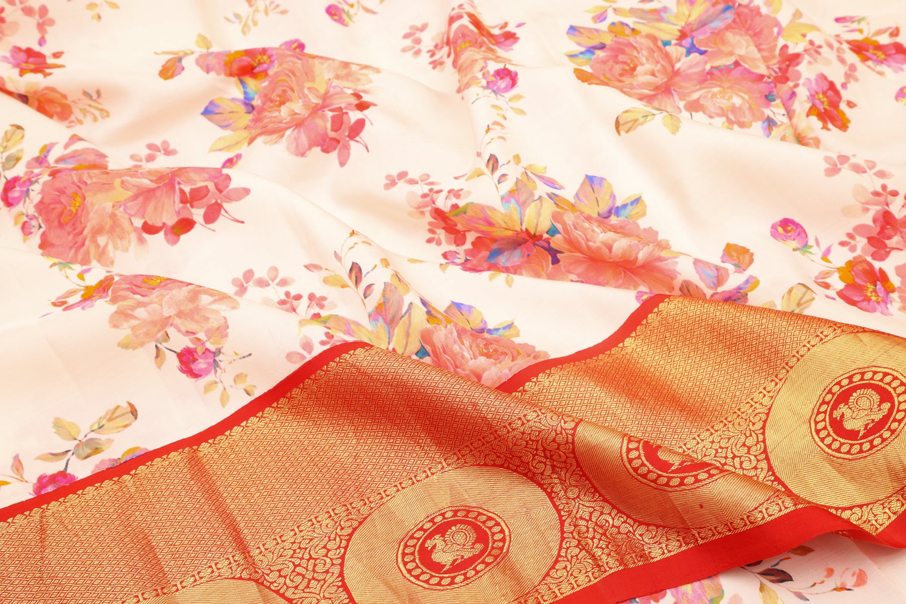 Kanchipuram Silk Floral Printed Cream Saree