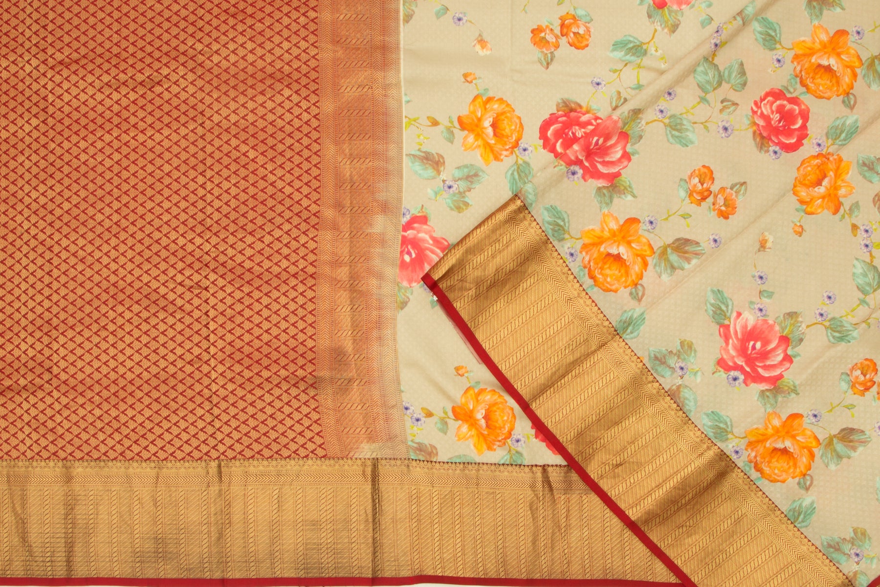 Kanchipuram Silk Floral Printed Beige Saree