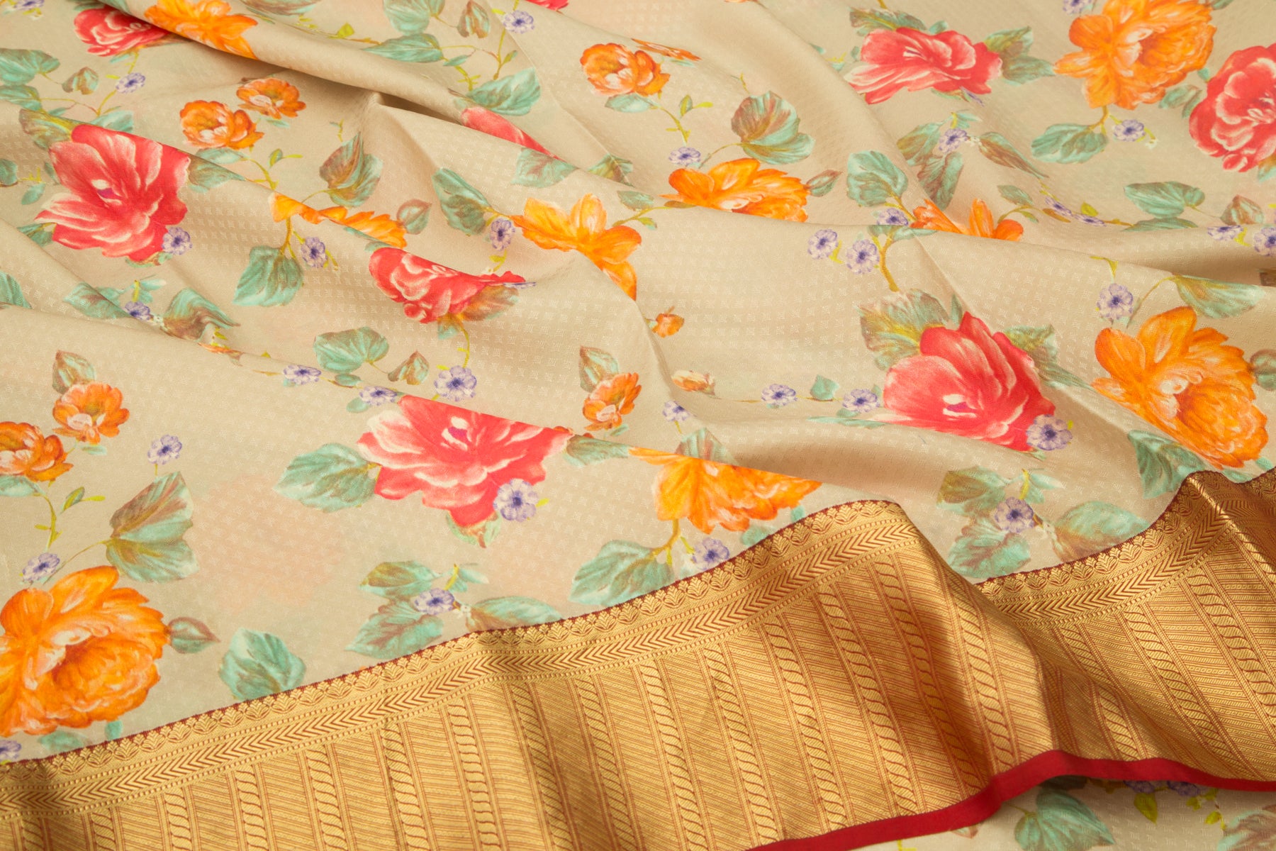 Kanchipuram Silk Floral Printed Beige Saree