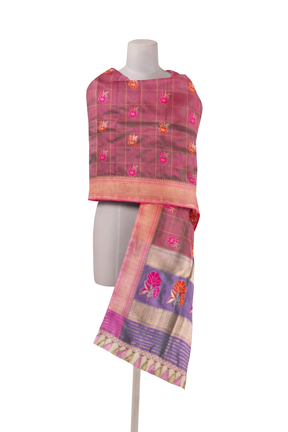 Banarasi Silk Checks And Butta Dual Tone Purple And Green Dupatta