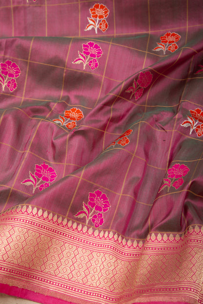 Banarasi Silk Checks And Butta Dual Tone Purple And Green Dupatta
