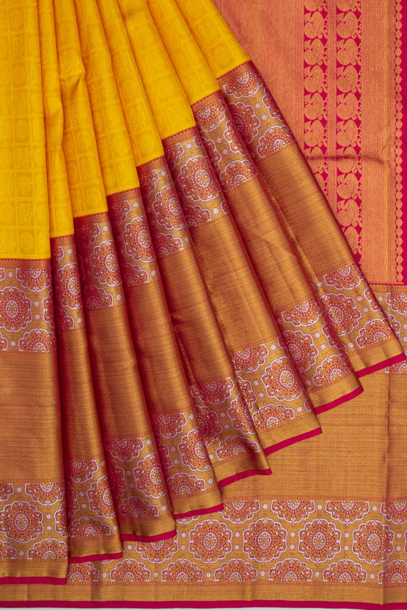 Kanchipuram Silk Checks And Butta Yellow Saree