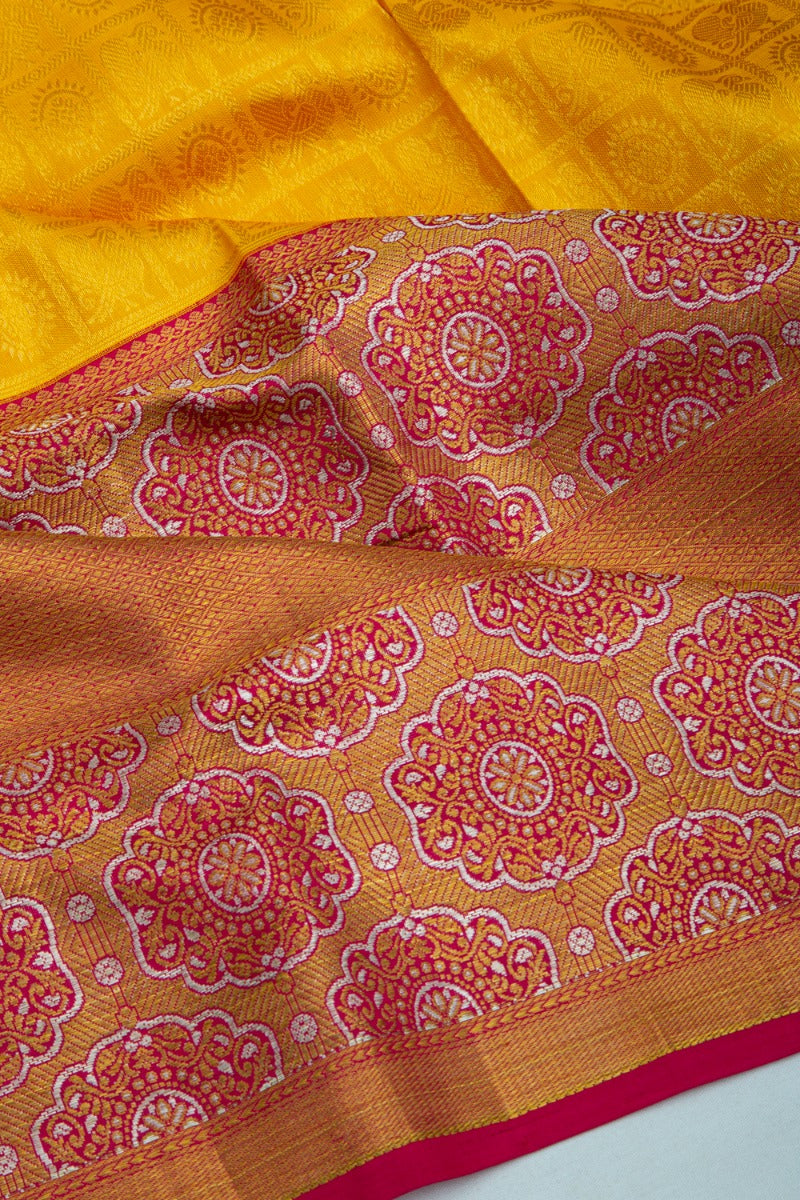 Kanchipuram Silk Checks And Butta Yellow Saree