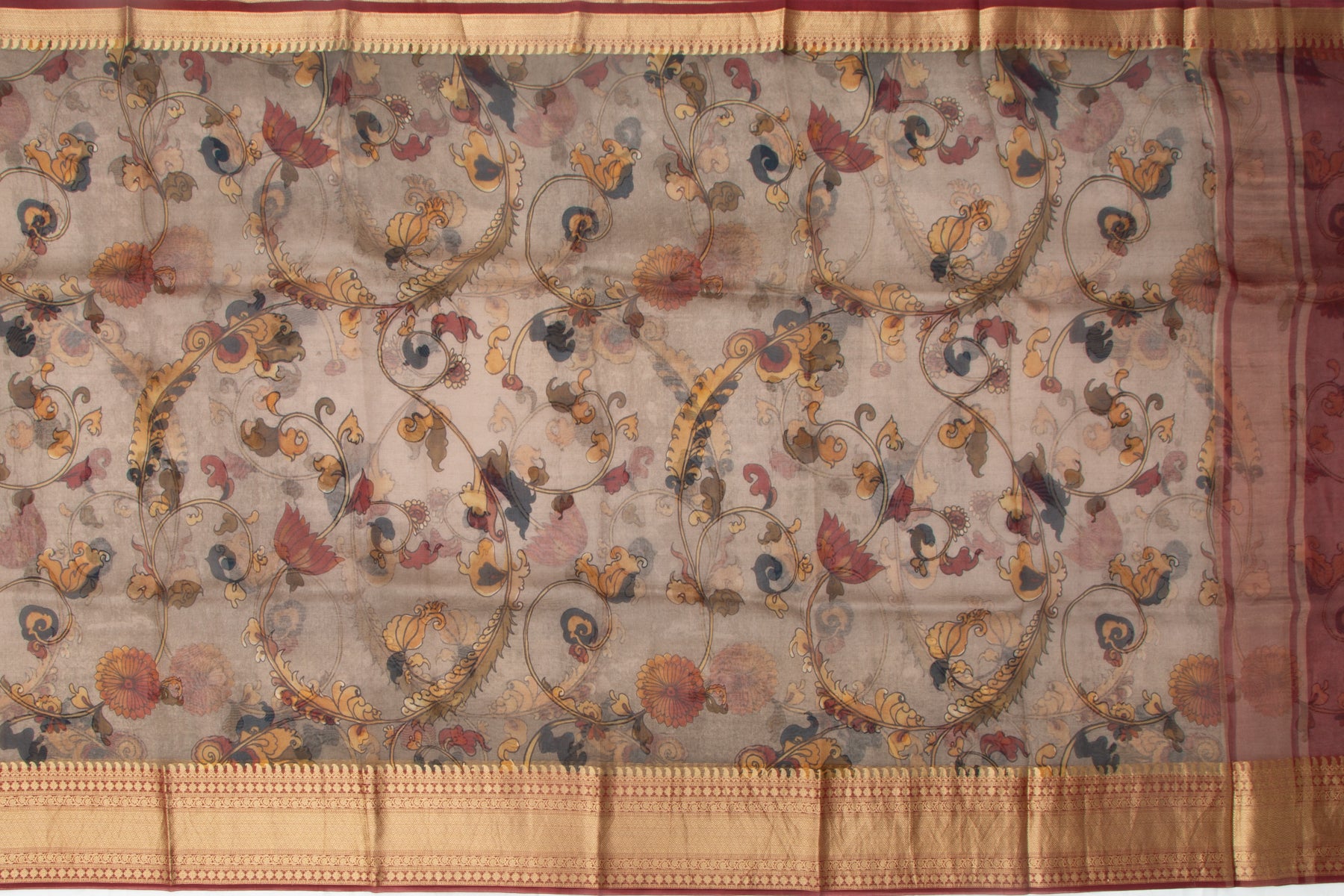 Organza Floral Printed Brown Saree